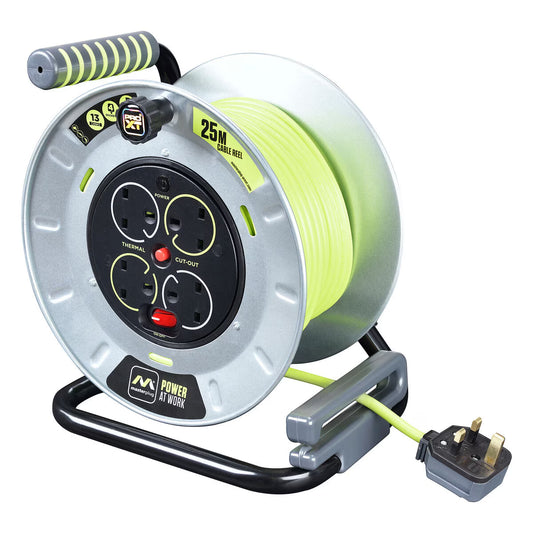 25M UK power cable reel with 4 sockets, thermal cut-out, ideal for van life & outdoor use