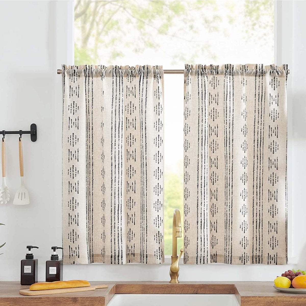 Boho Linen Blend Kitchen Cafe Curtains Black 2 Panels W26 Xl36