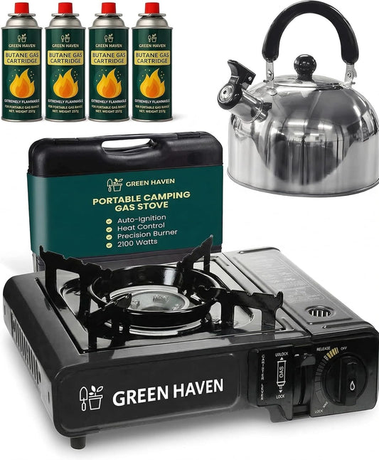 Camping Stove Bundle – Portable Gas Stove, Camping Kettle & 4 Butane Gas Canisters | 2100W Gas Cooker with Carry Case | EN417 | Camping Gas Stove with Auto-Ignition, Adjustable Flame