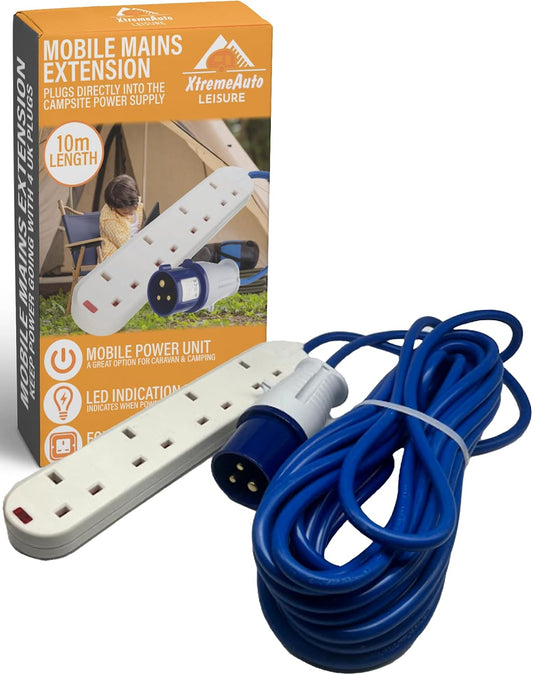 Camping Electric Hook up Cable Extension Lead - 4 Gang Power Hookup Sockets, Perfect Accessory for Caravan, Tent & Motorhome Mains Power Lead EHU Cable (10M)