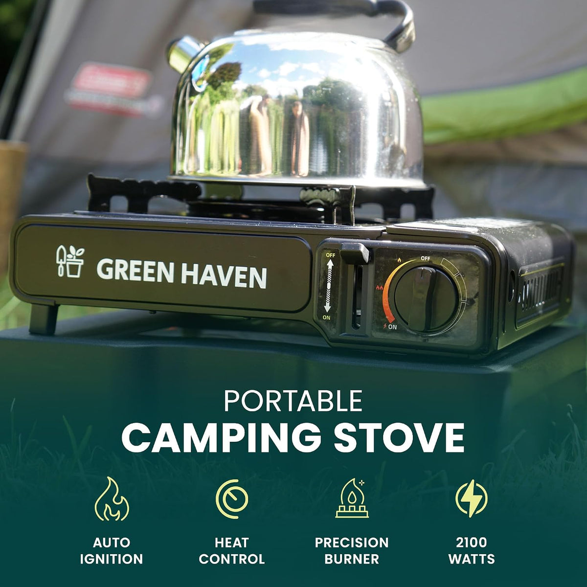 Camping Stove Bundle – Portable Gas Stove, Camping Kettle & 4 Butane Gas Canisters | 2100W Gas Cooker with Carry Case | EN417 | Camping Gas Stove with Auto-Ignition, Adjustable Flame
