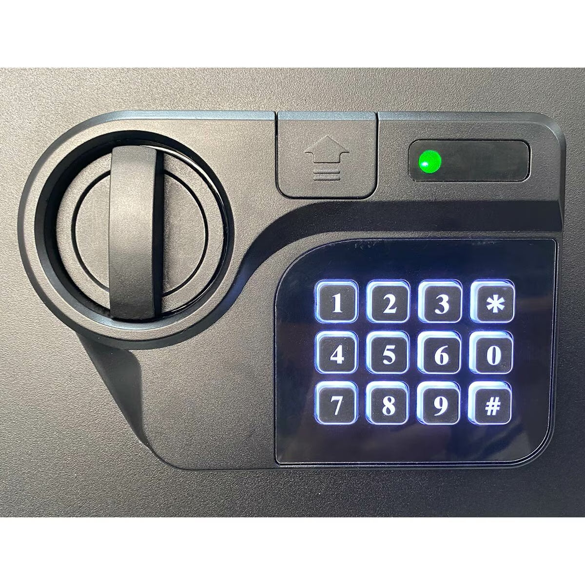Van life keypad lock with illuminated numbers and green status light for secure camper van storage