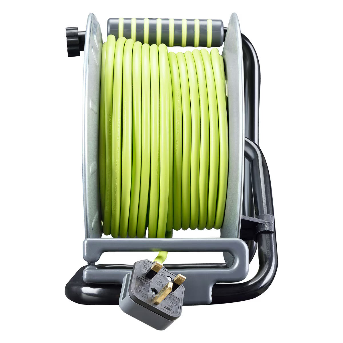 Lime green UK mains extension lead on retractable reel for van life and outdoor use