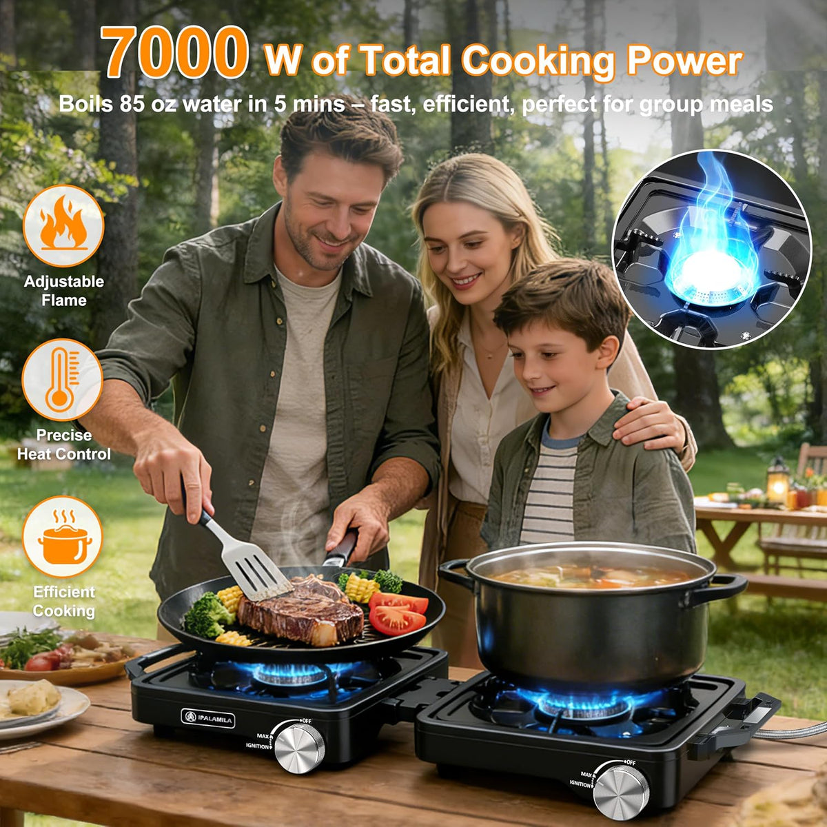 2-Burner Pro Camping Stove,7000W Camping Stove Gas Portable,Foldable Gas Stove,Windscreen Griddle, Portable Stove,Camping Essentials,Suitable for Outdoor Cooking,Wintermoot,Grilling
