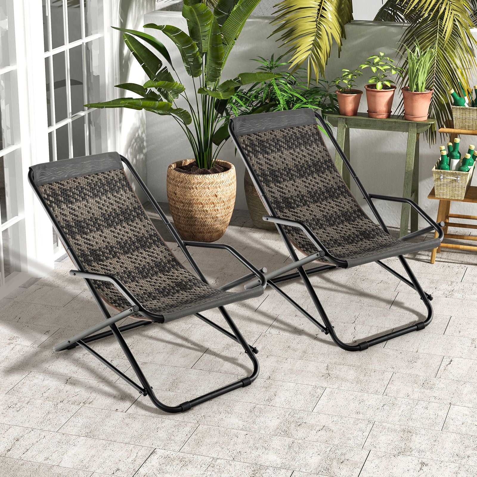 Foldable outdoor lounge chairs for patio or van life, featuring woven fabric and metal frame, perfect for relaxing adventures.