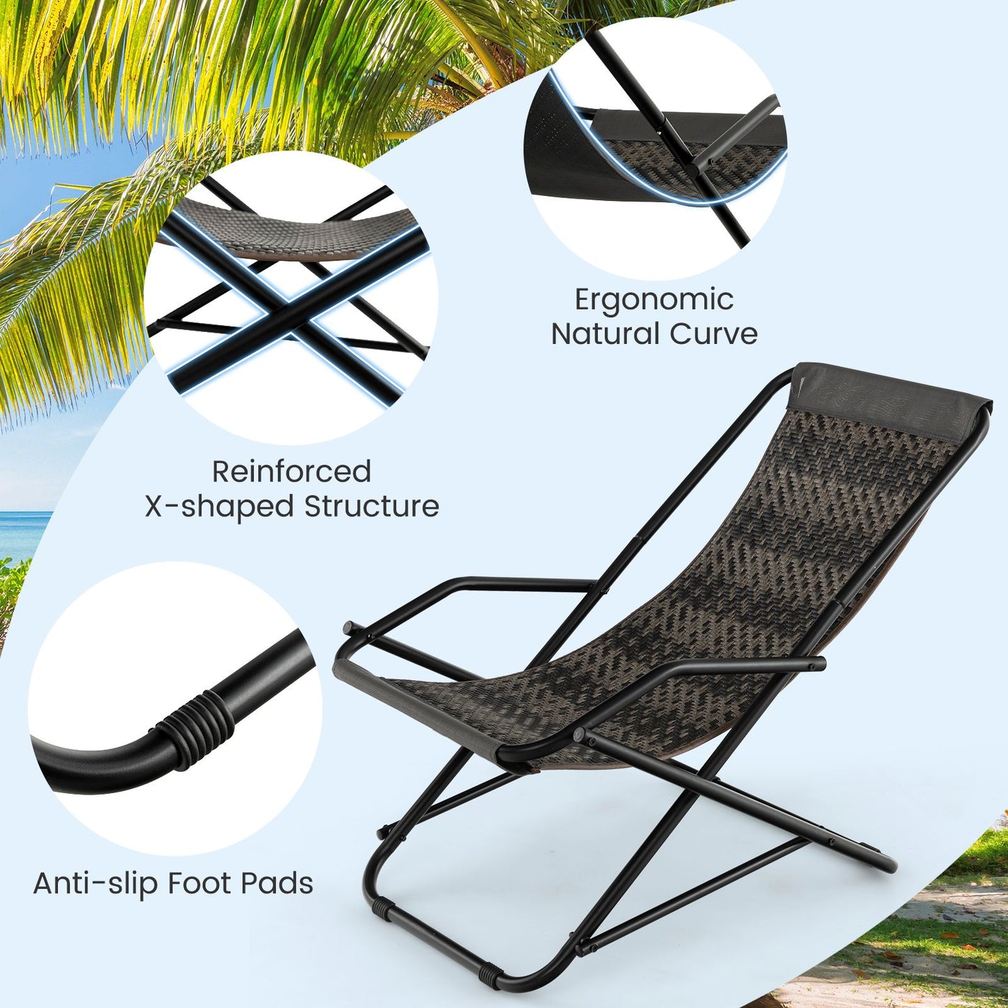 Portable folding lounge chair with ergonomic curve, reinforced X-frame & anti-slip feet for van life or beach use