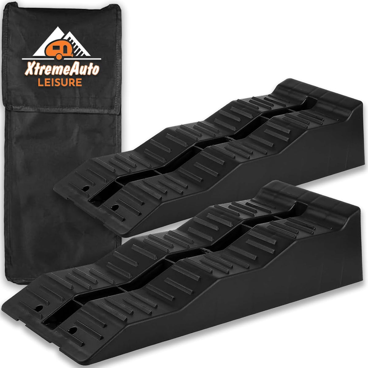 Motorhome Levelling Ramps with Carry Bag – pair of levelling ramps and carry bag on white