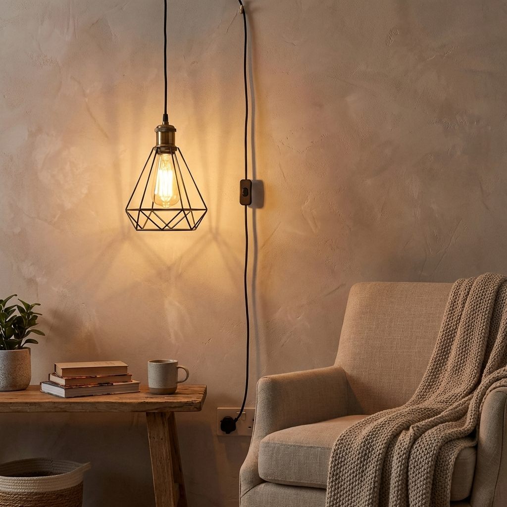 Industrial geometric pendant light with Edison bulb, perfect for van life or cozy home decor