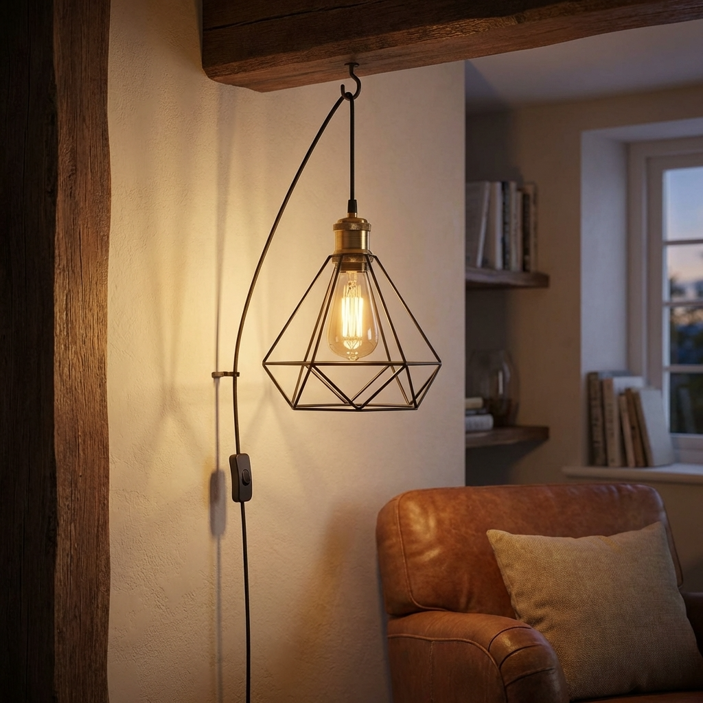 Geometric cage pendant light with Edison bulb, perfect for van life or cozy cabin interiors
