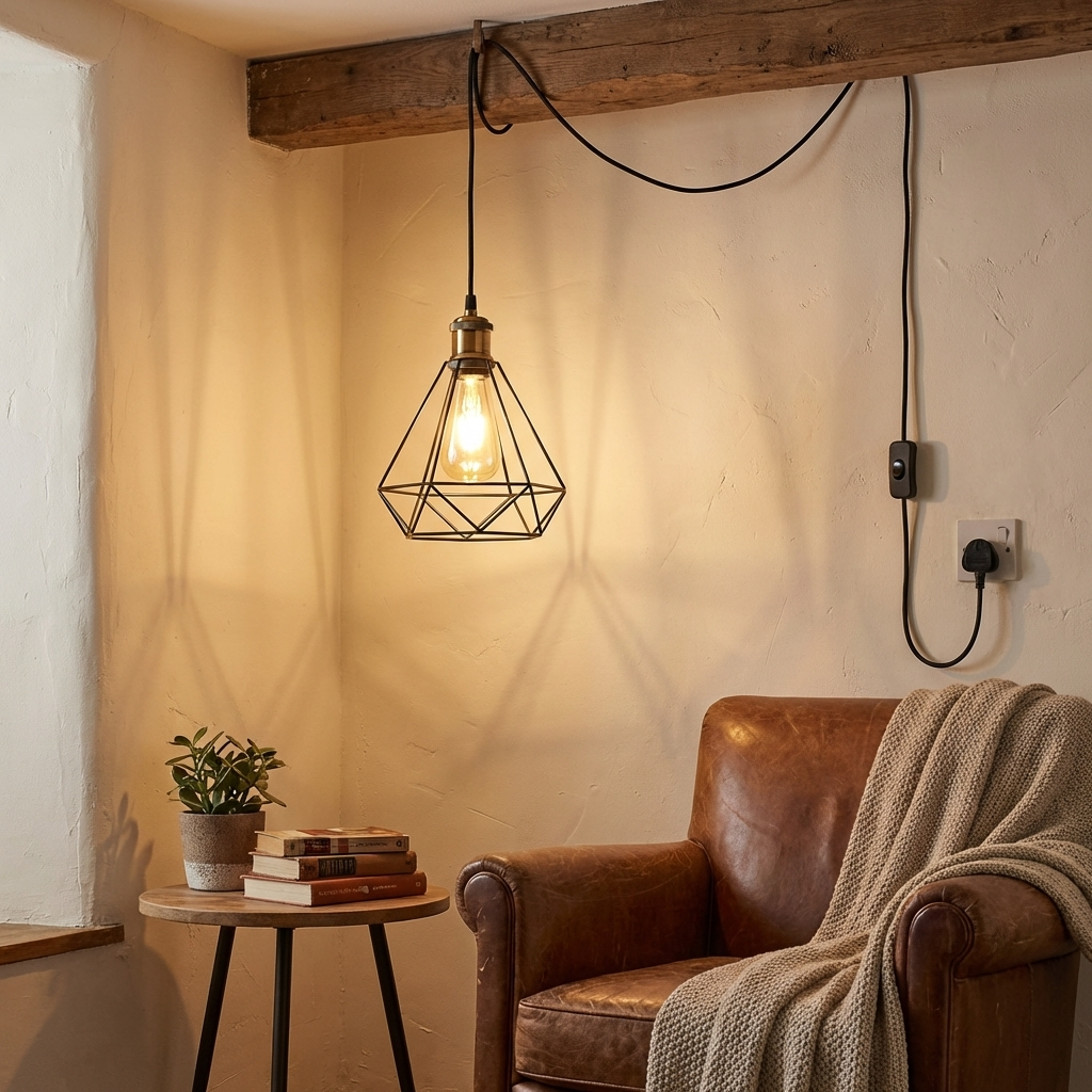 Geometric pendant light for van life interiors, warm glow over leather armchair and cozy reading nook