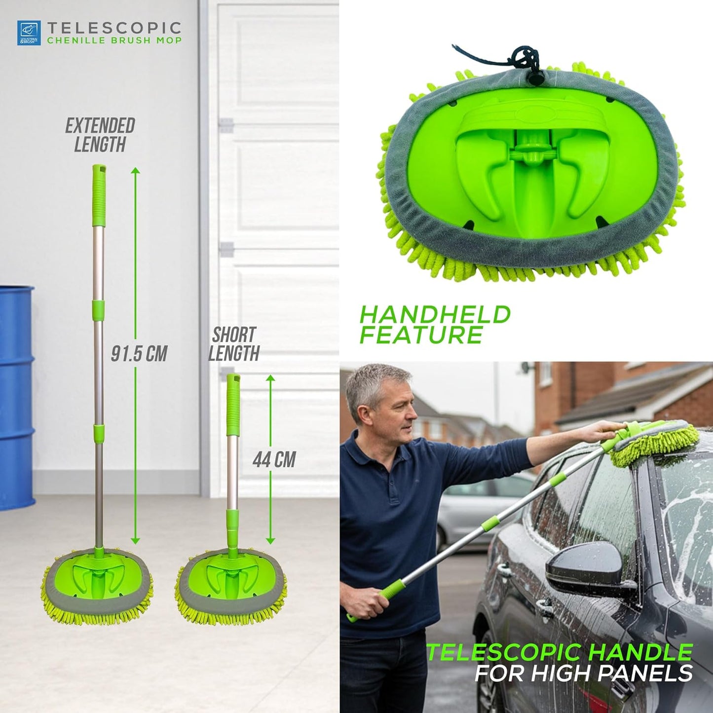 Car Cleaning Brush Microfibre Mop Telescopic Car Wash Brush with Extendable Handle & Scratch Free Head Washing Kit - Suitable for Cleaning Cars, Caravans, Van, Truck, Boat Etc.