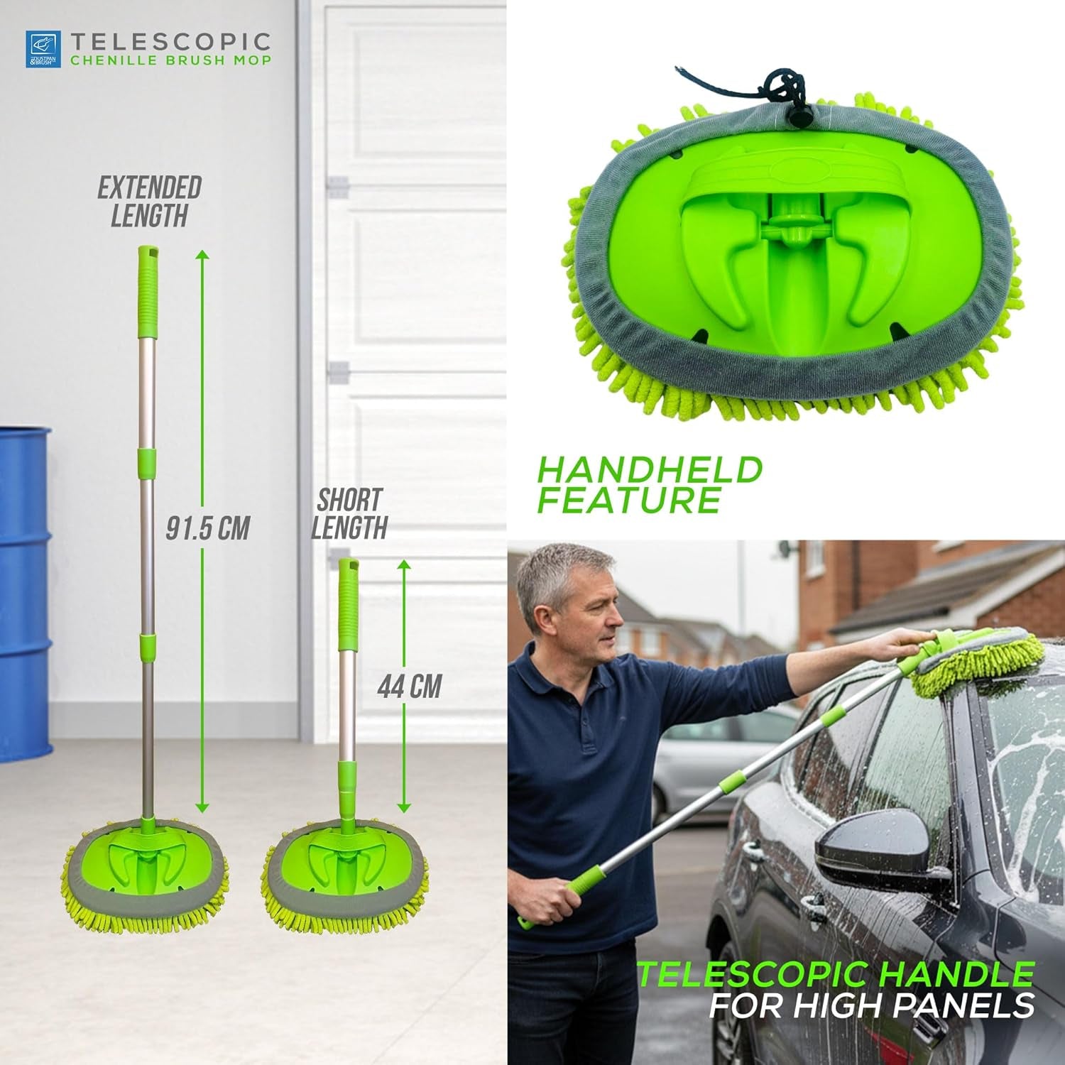Car Cleaning Brush Microfibre Mop Telescopic Car Wash Brush with Extendable Handle & Scratch Free Head Washing Kit - Suitable for Cleaning Cars, Caravans, Van, Truck, Boat Etc.