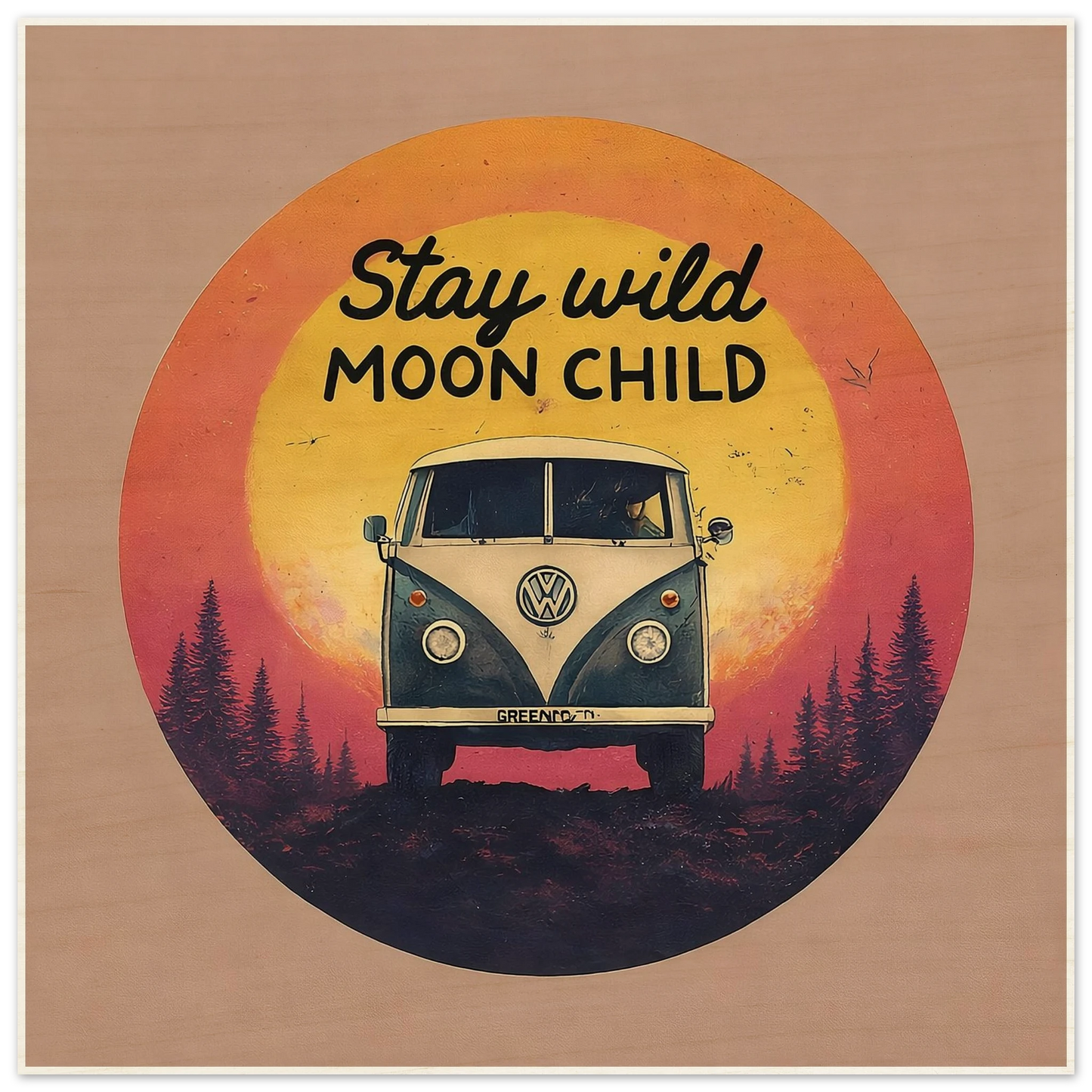 Stay Wild Moon Child VW van art print for van life decor, sunset forest scene