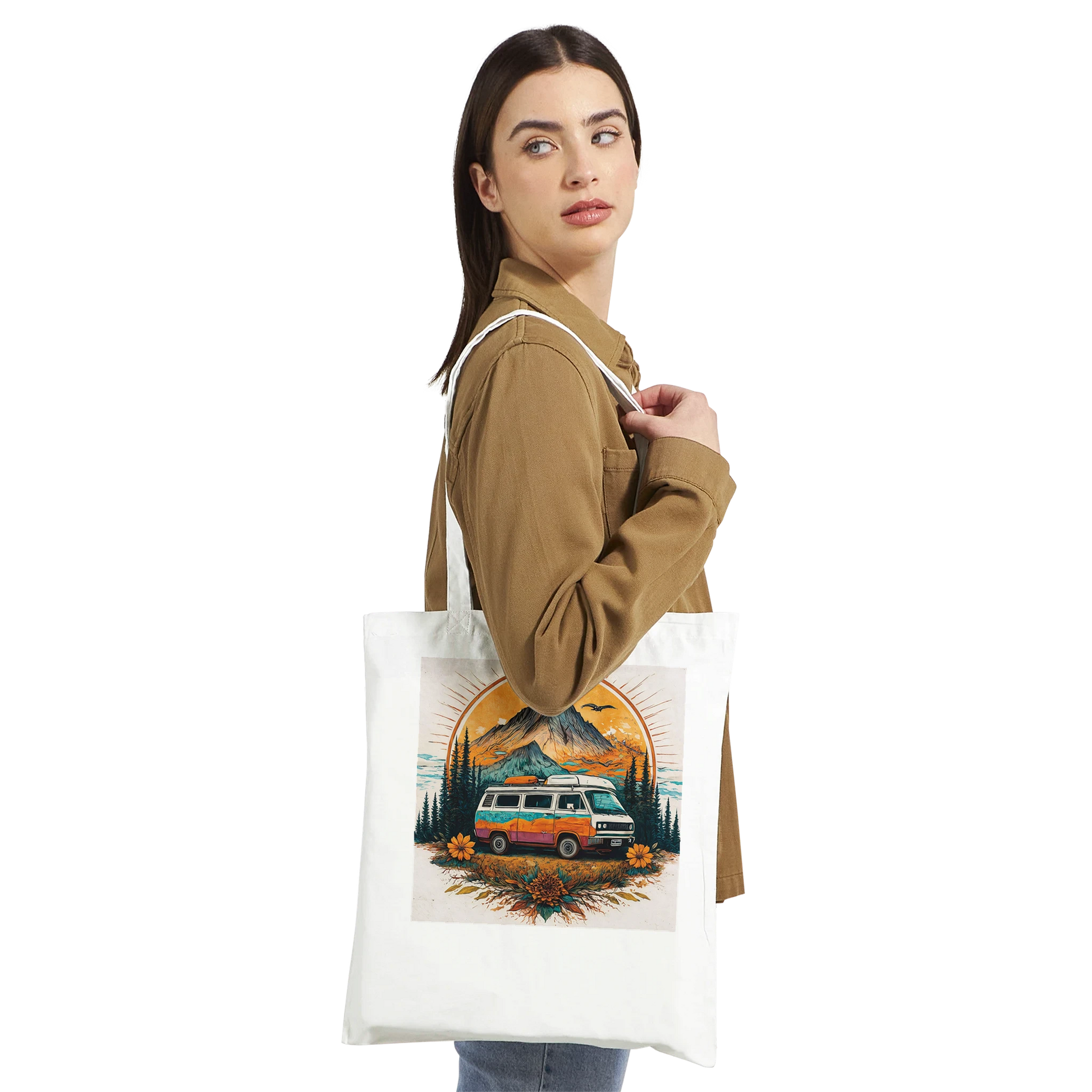 Van life tote bag with camper van, mountain sunset design for outdoor adventures and festival gear