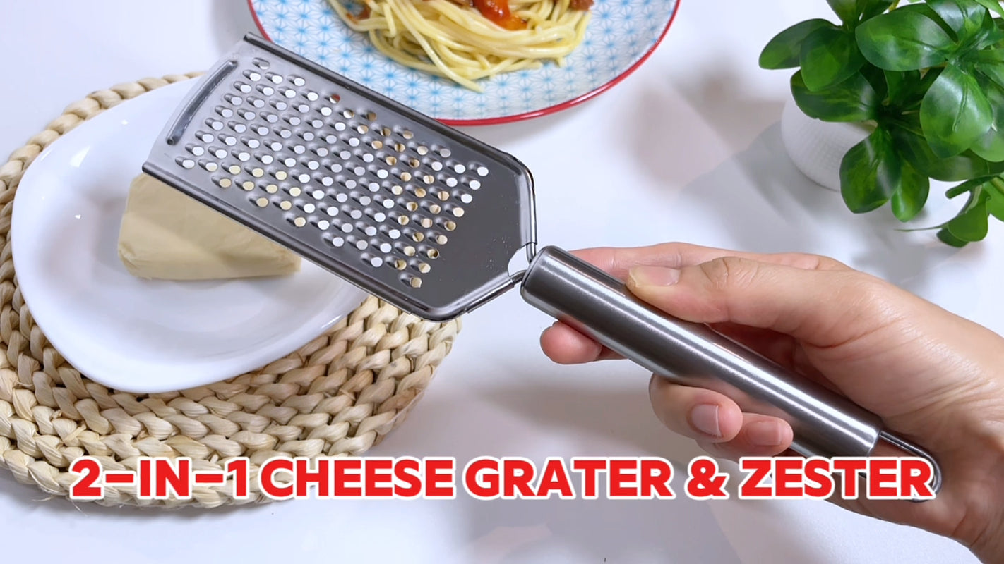 2-in-1 stainless steel cheese grater & zester for van life cooking, grating cheese over pasta
