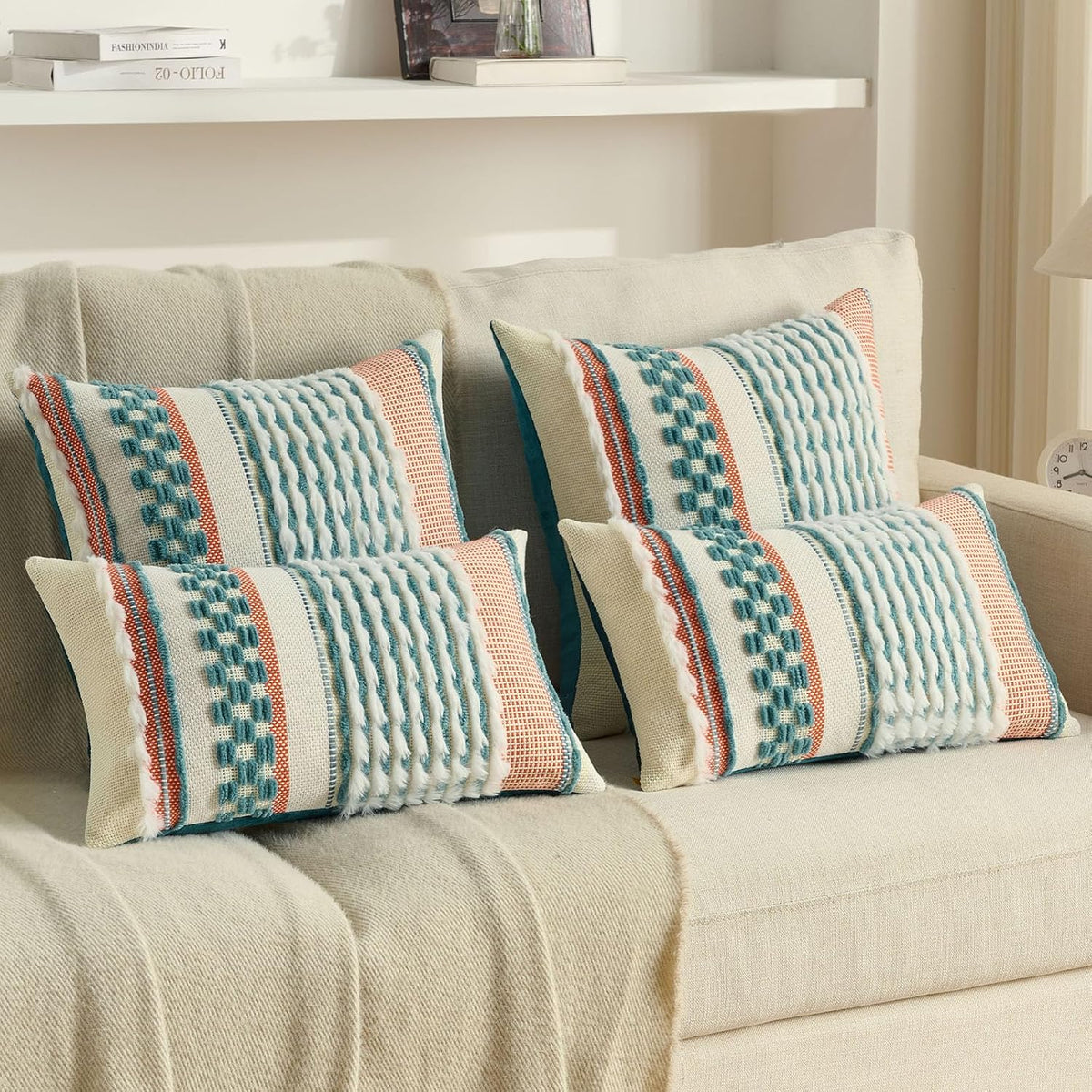 Teal Tufted Cushion Covers – Pair, 45 × 45cm – textured covers styled on a sofa
