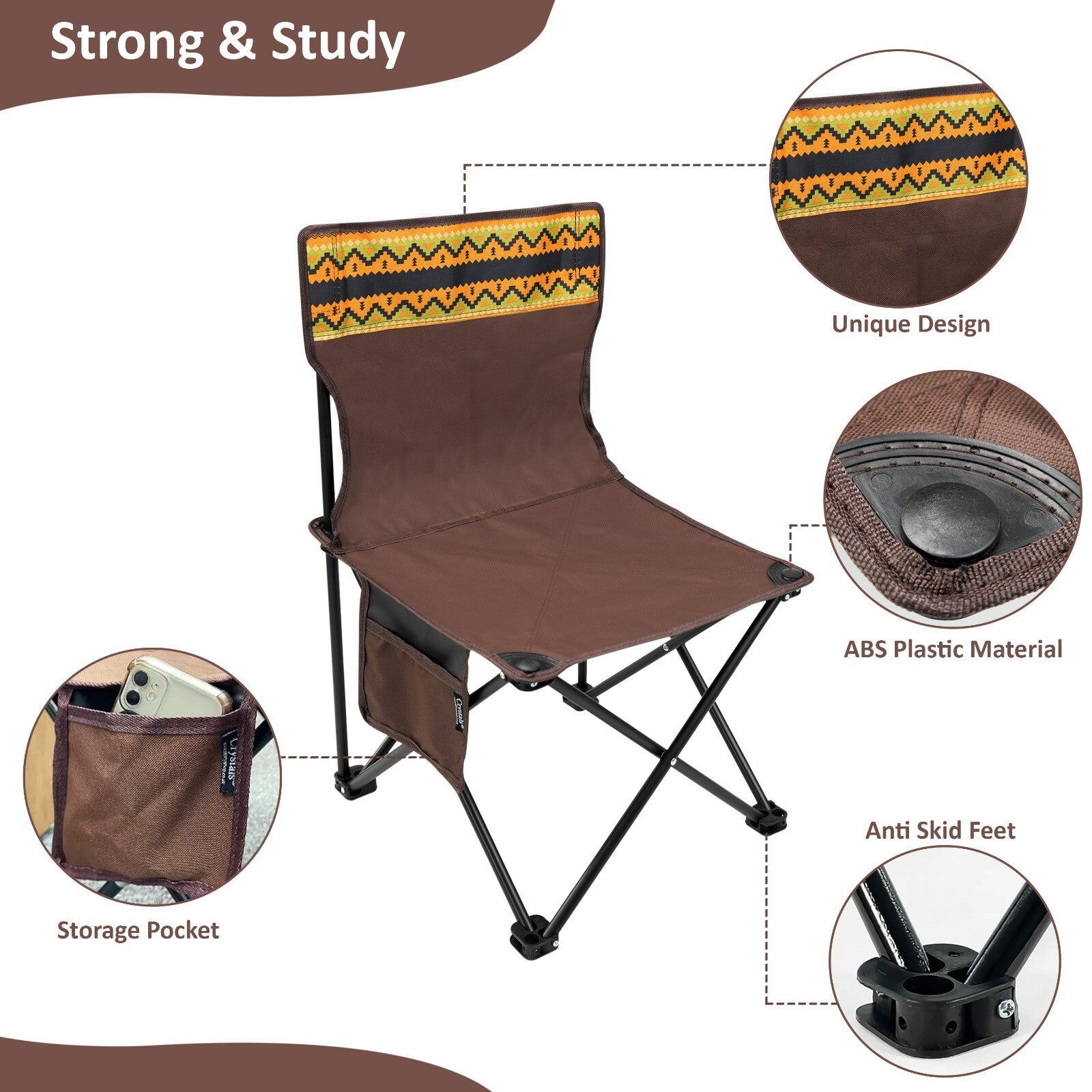 Portable camping chair with storage pocket, anti-skid feet, and patterned backrest for van life adventures