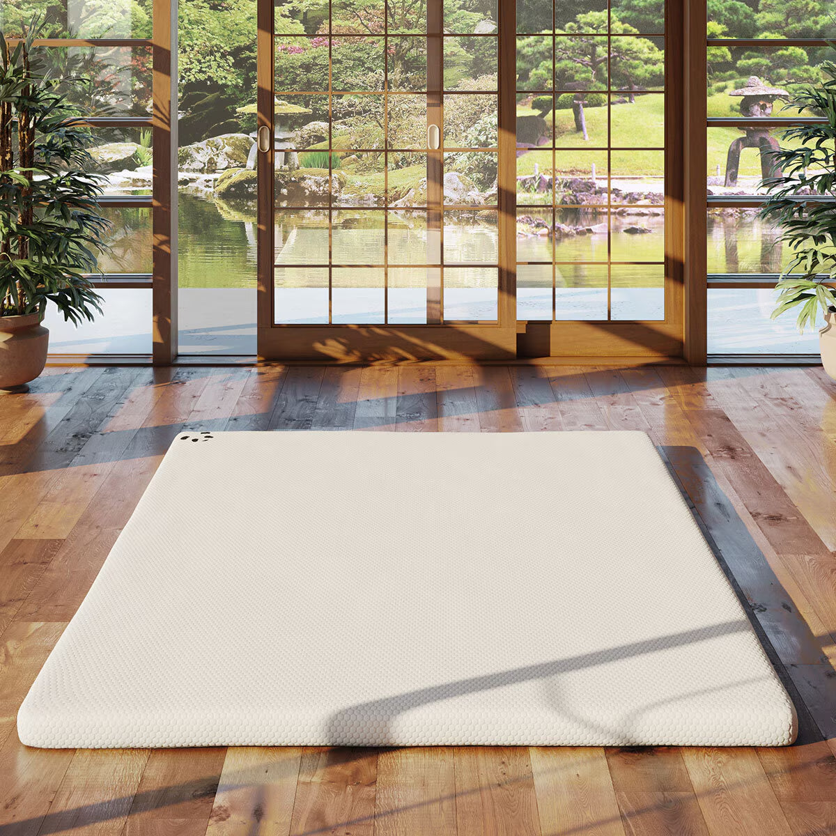 Cream memory foam mattress pad on hardwood floor, ideal for van life and compact spaces