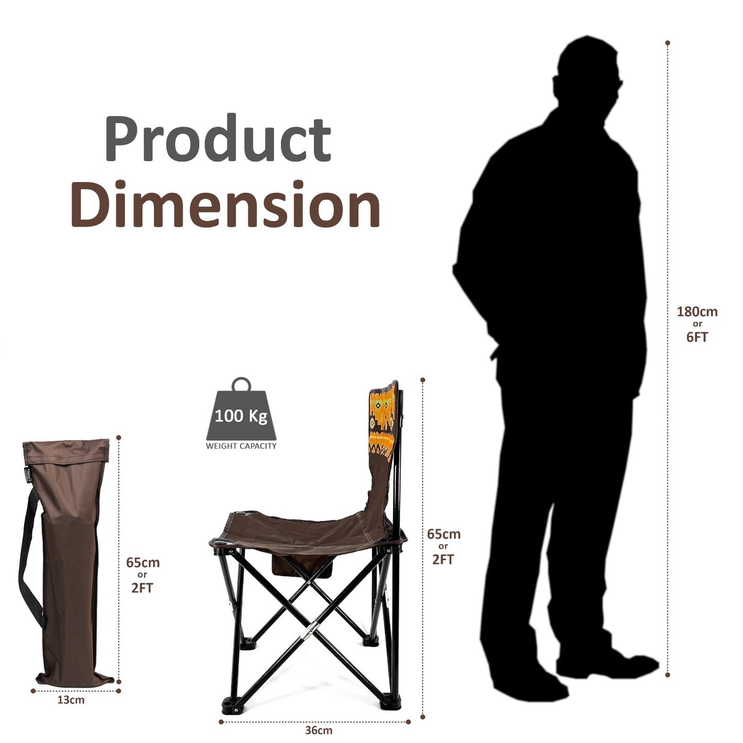 Portable camping chair with carry bag, 65cm height, 100kg weight capacity, ideal for van life and outdoor adventures.