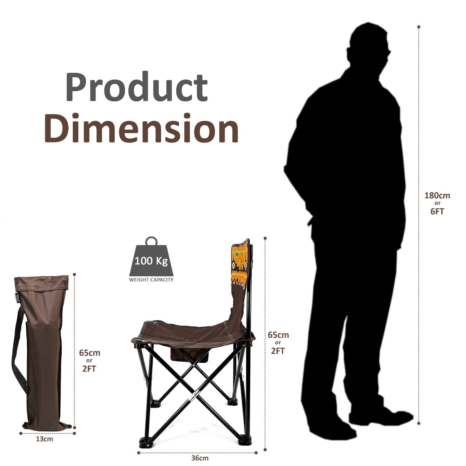 Portable camping chair with carry bag, 65cm height, 100kg weight capacity, ideal for van life and outdoor adventures.