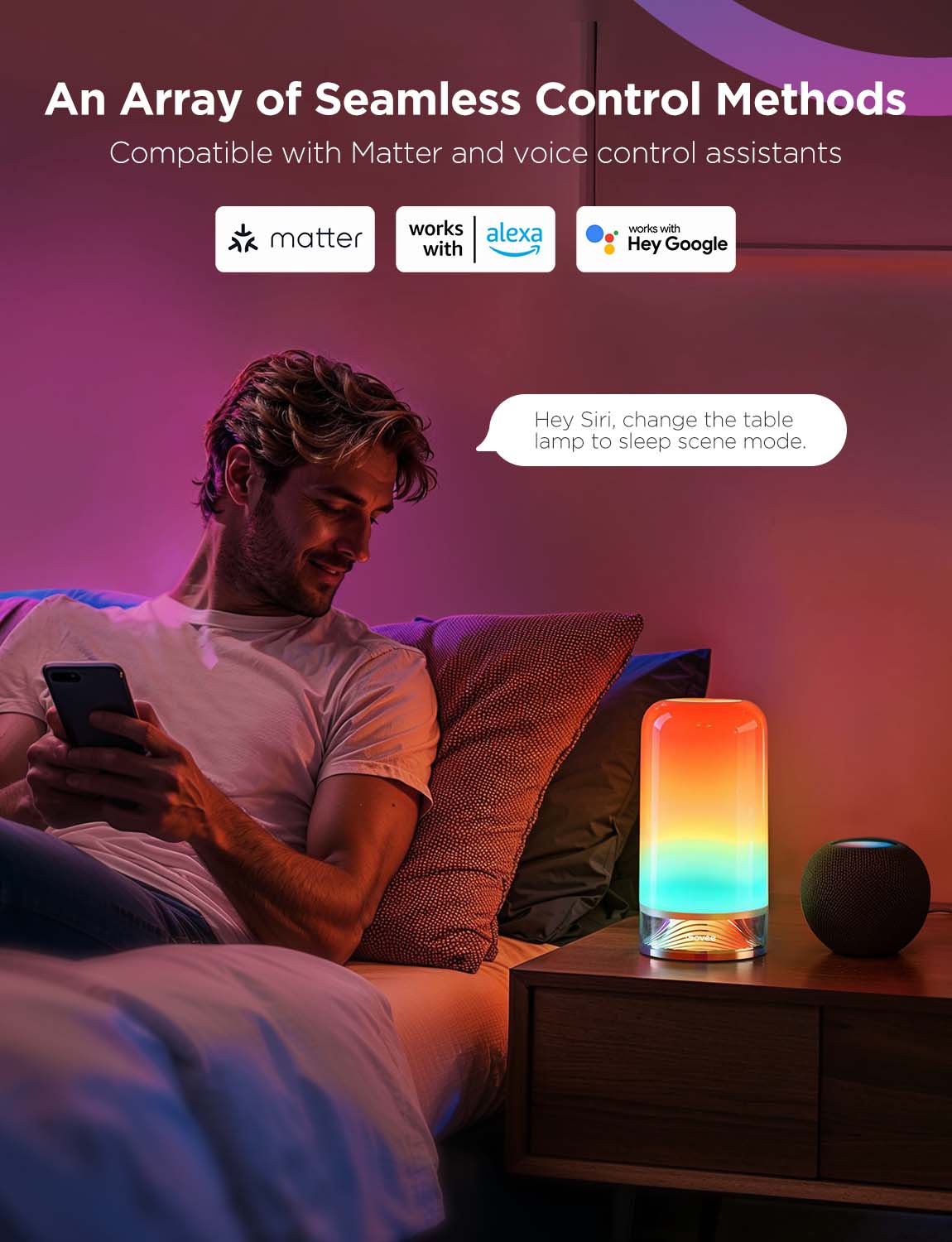 Smart RGB table lamp with voice control for van life, compatible with Alexa, Google, and Matter