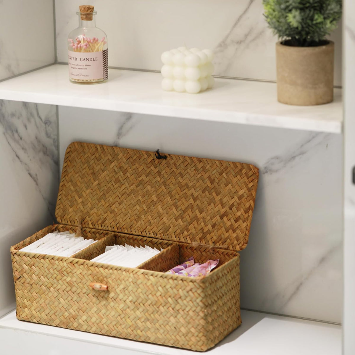 Seagrass Storage Basket with Lid Small Woven Shelf Baskets Rectangular with Sections for Organize Snack Toys Tampon
