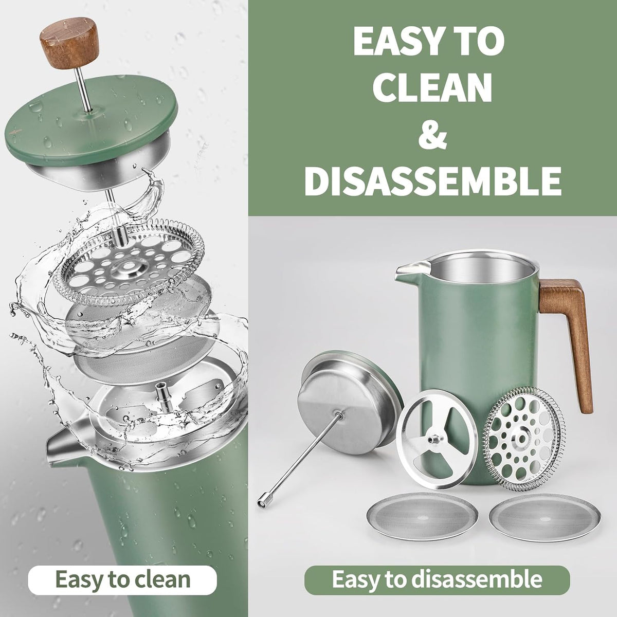 Green 1L Cafetière with Wood Handle – disassembly illustration