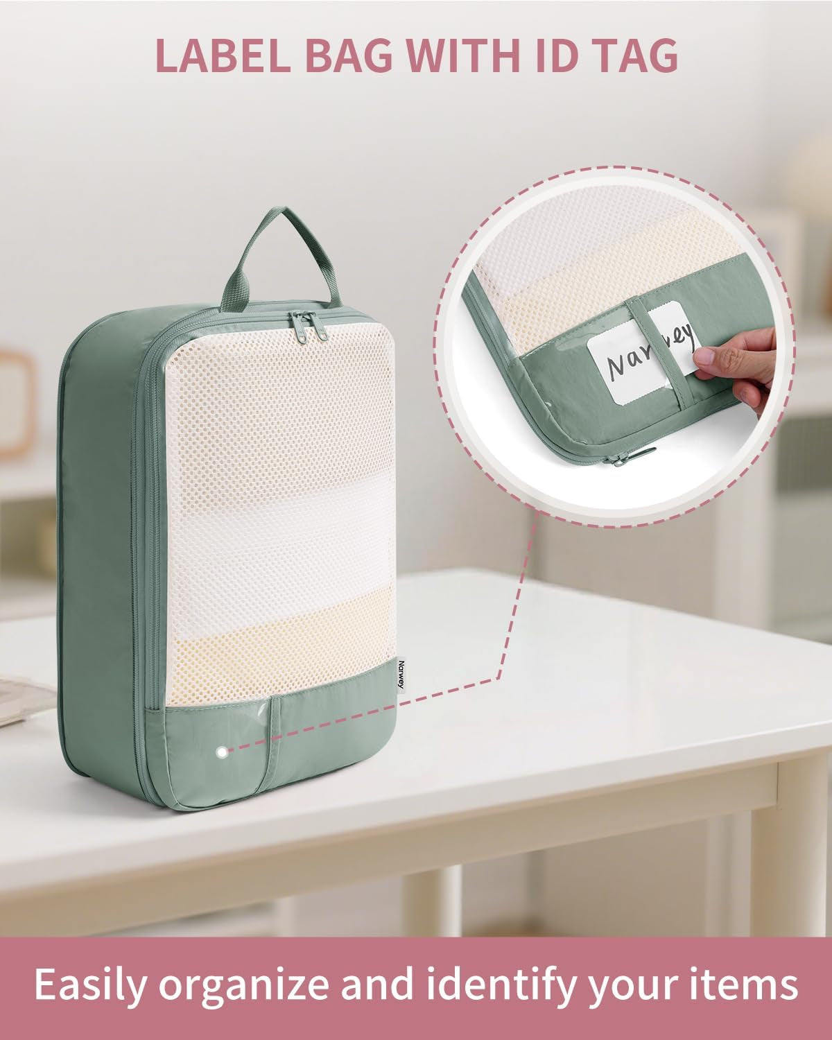 Sage Green Compression Packing Cubes – Set of 6 – label window detail