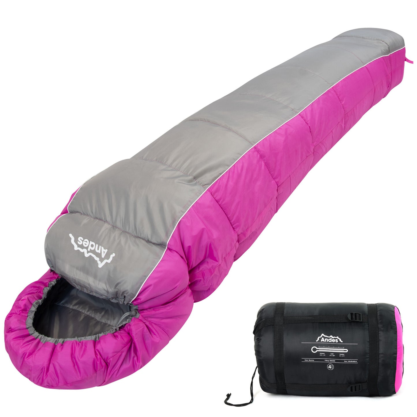 Pink and gray Andes mummy sleeping bag with compact carry bag for van life and camping adventures