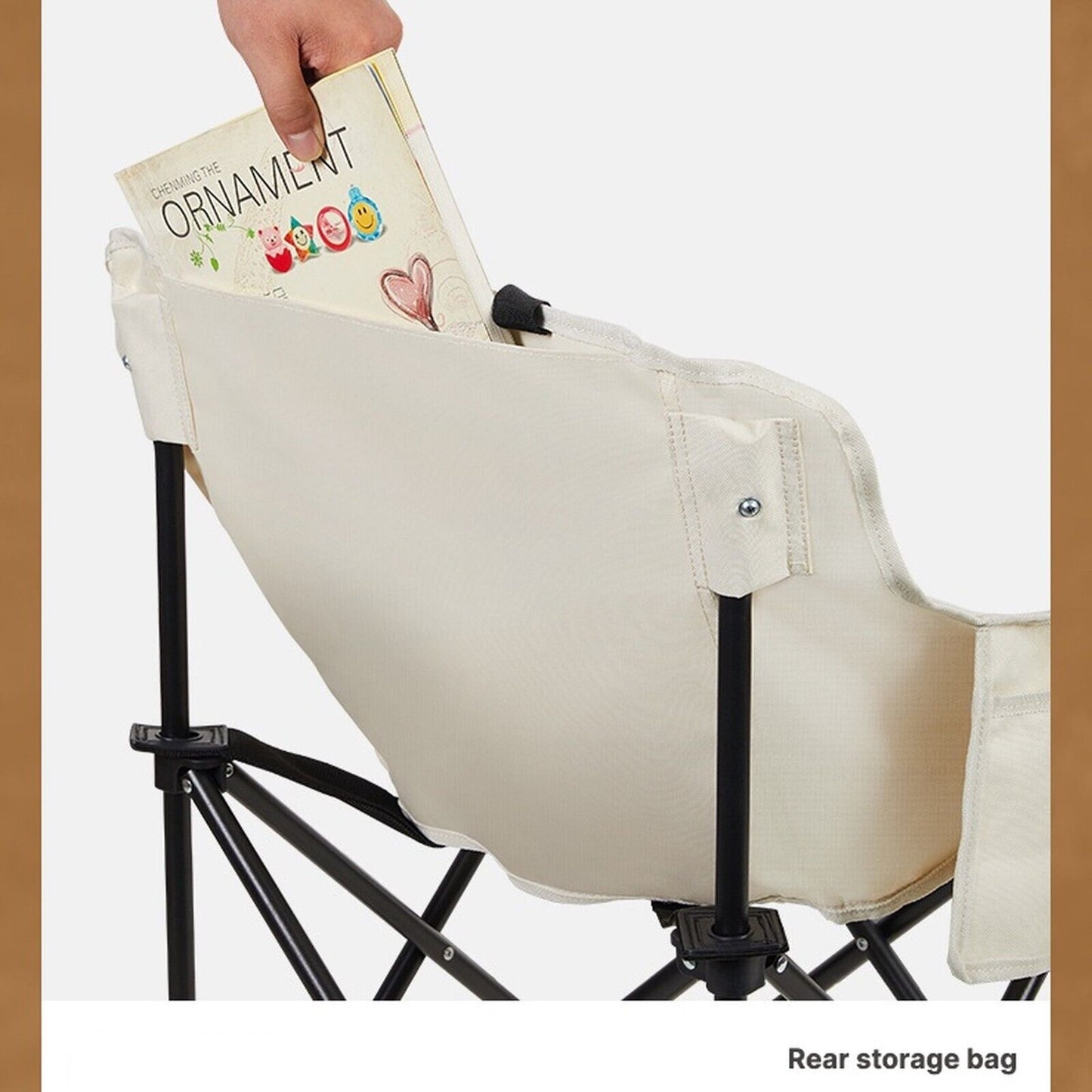 Beige camping chair with rear storage bag holding a book, perfect for van life and outdoor adventures