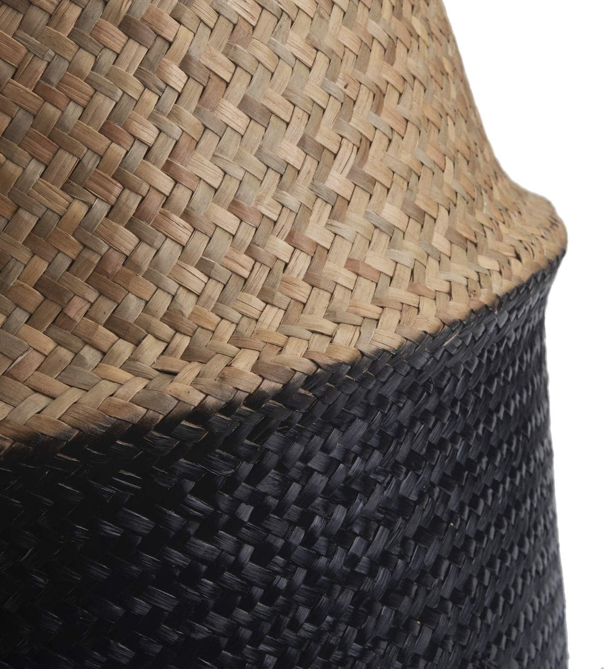 Seagrass Belly Basket Natural Woven Plant Pot Foldable with Handles for Storage Laundry Blankets Toys (Natural + Black)
