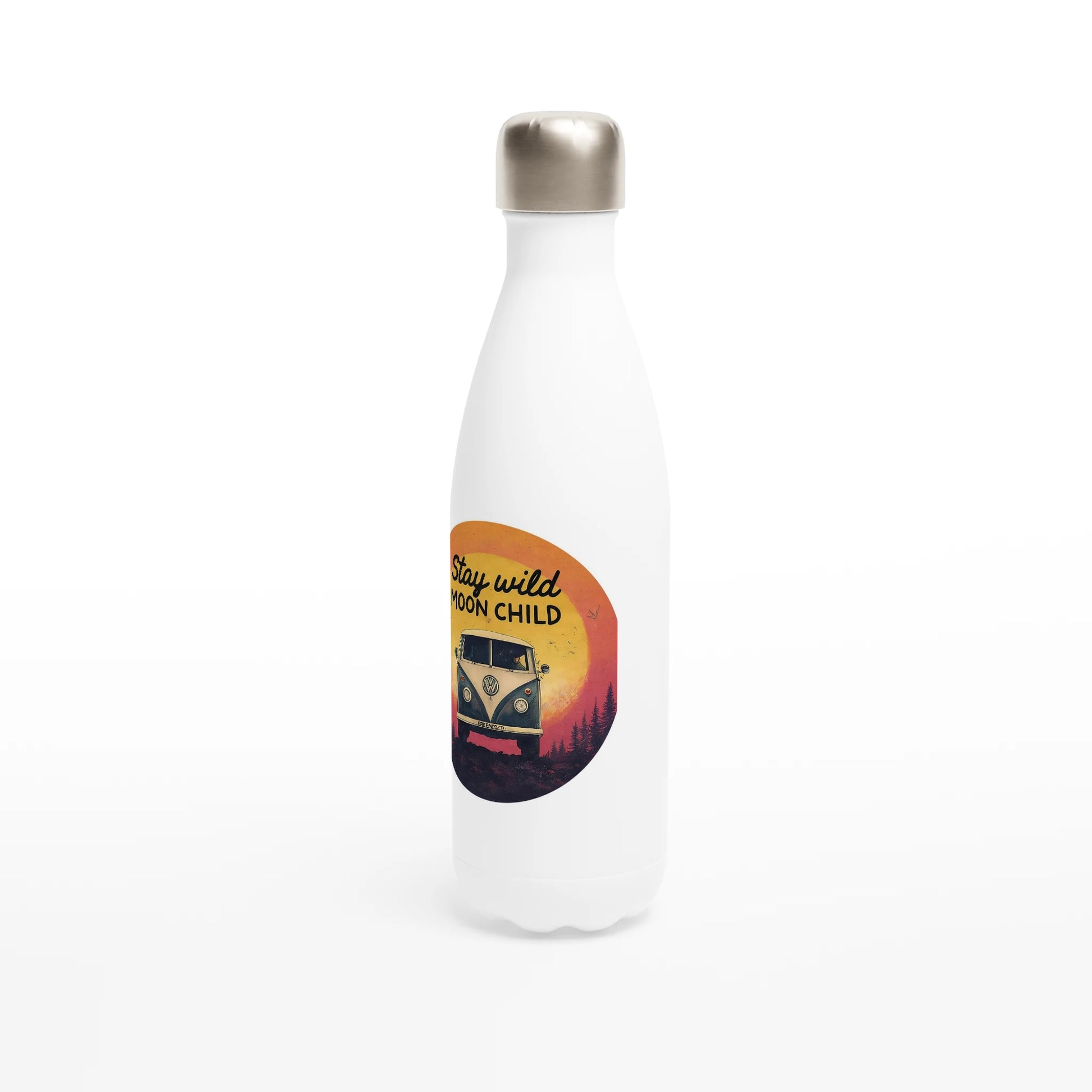 White insulated water bottle with 'Stay Wild Moon Child' van graphic, perfect for van life adventures.