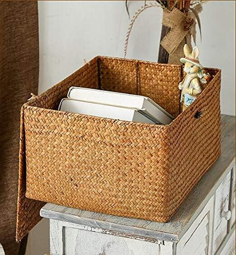 Seagrass Storage Baskets with Lids Natural Wicker Basket (Medium 30Cmx18Cmx15Cm H)