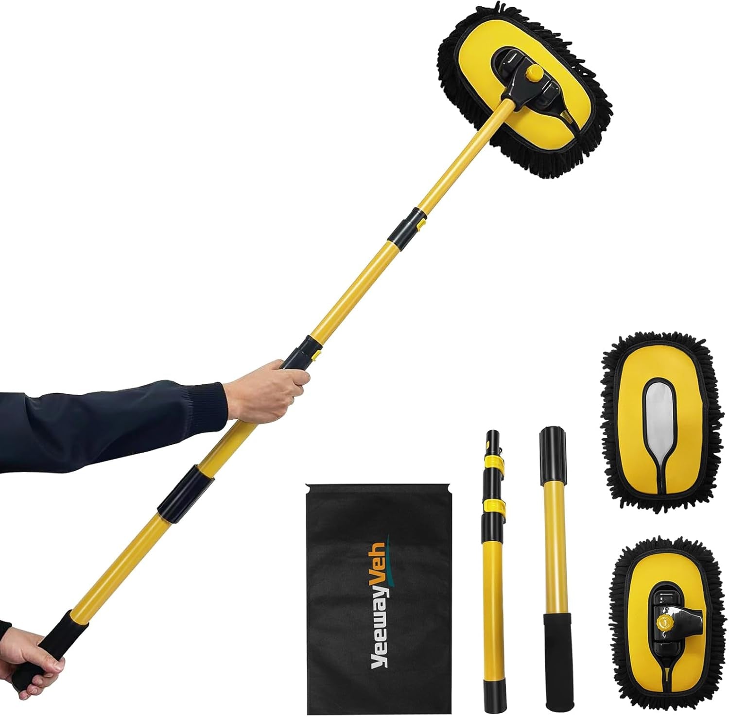Yellow extendable car wash brush with microfiber head, ideal for van life and outdoor adventures