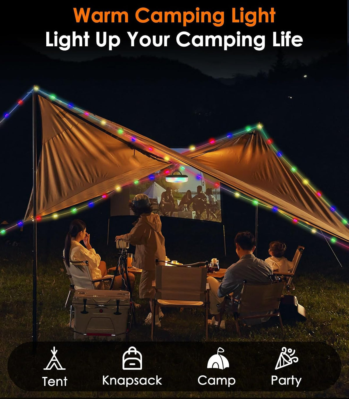 Camping String Light 32.8Ft, 4-In-1 Rechargeable LED Fairy Lights with 8 Modes & Power Bank, Waterproof Retractable Portable Light for Outdoor Garden Camping BBQ Christmas Decoration