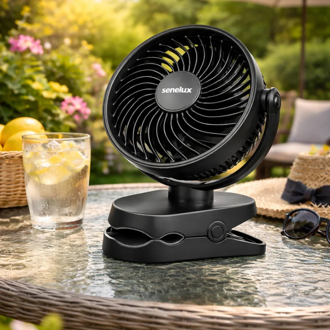 Senelux clip-on fan for van life, outdoor adventures, and patio cooling with lemonade nearby