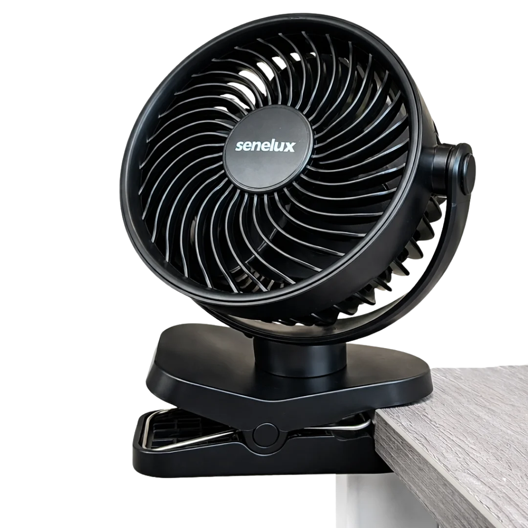 Senelux clip-on fan for van life, camping, and outdoor adventures — compact, portable cooling