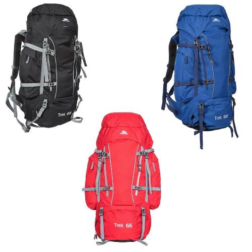 Trek 66 hiking backpacks in black, blue, red — ideal for van life adventures and outdoor travel gear