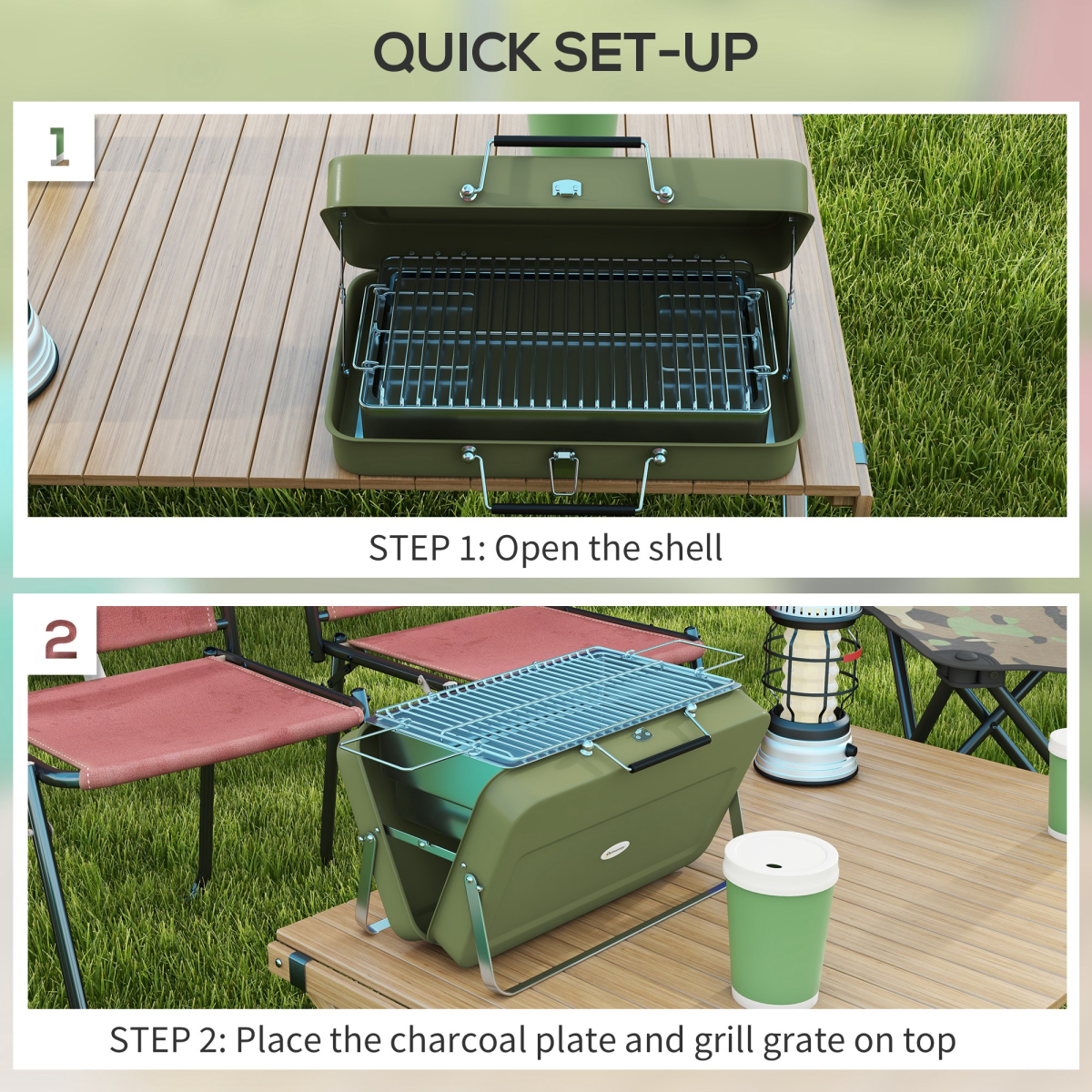 Portable charcoal grill setup for van life camping, quick assembly on outdoor table with grill grate and charcoal plate