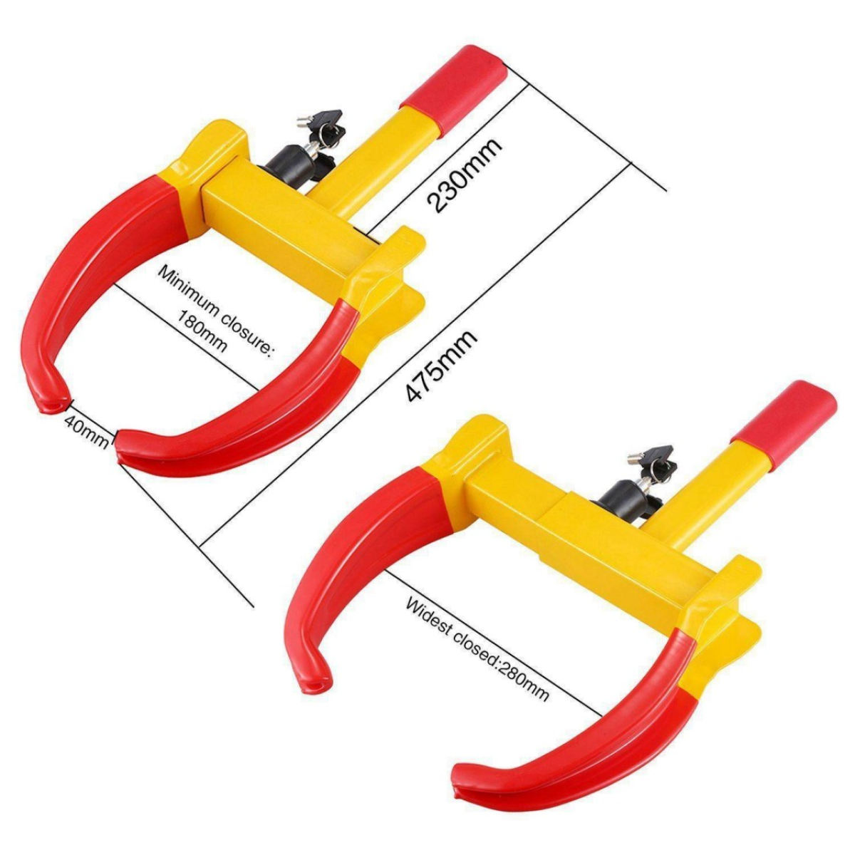 Red and yellow wheel clamp with key lock, ideal for van life security and outdoor adventures