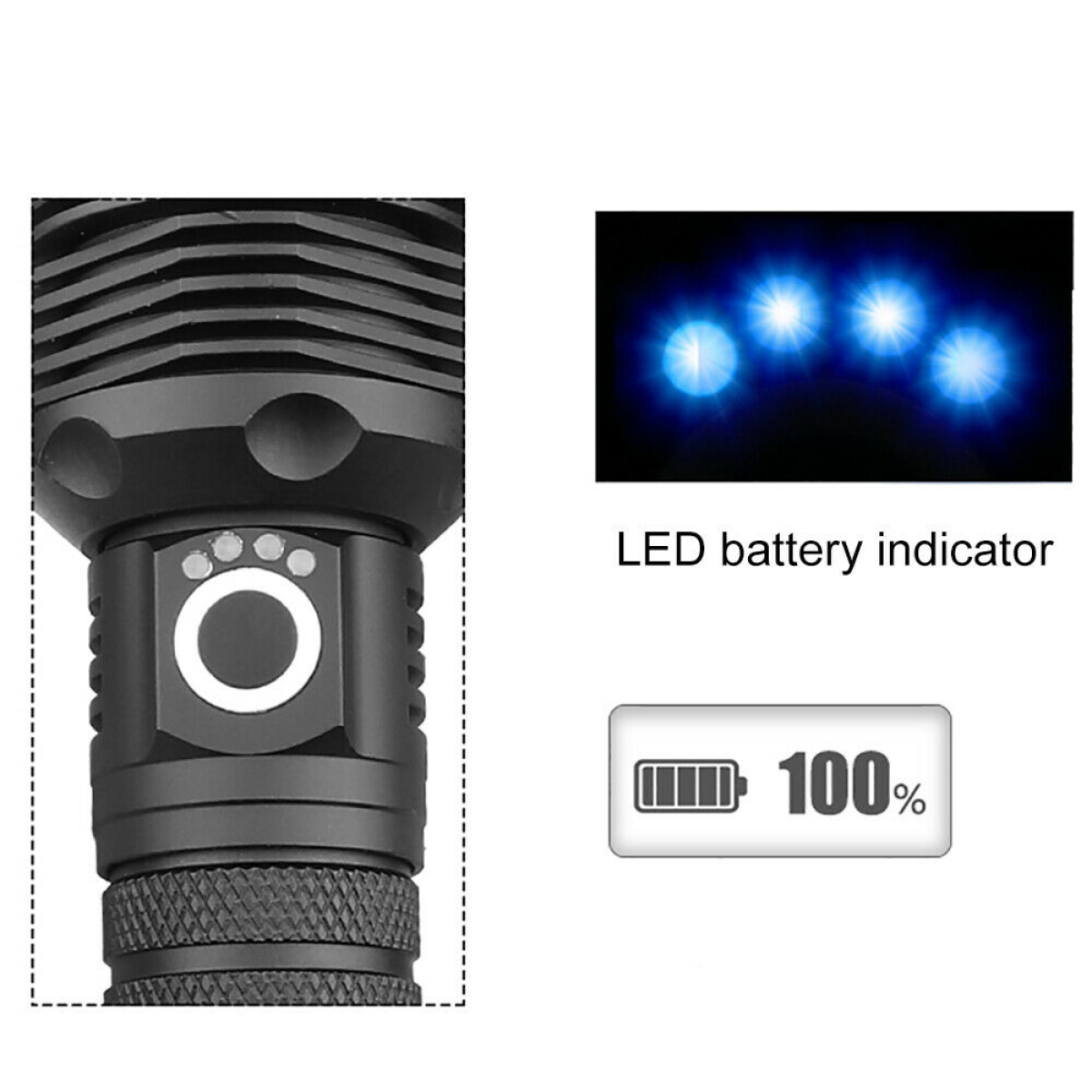 Tactical LED flashlight with battery level indicator, ideal for van life and outdoor adventures