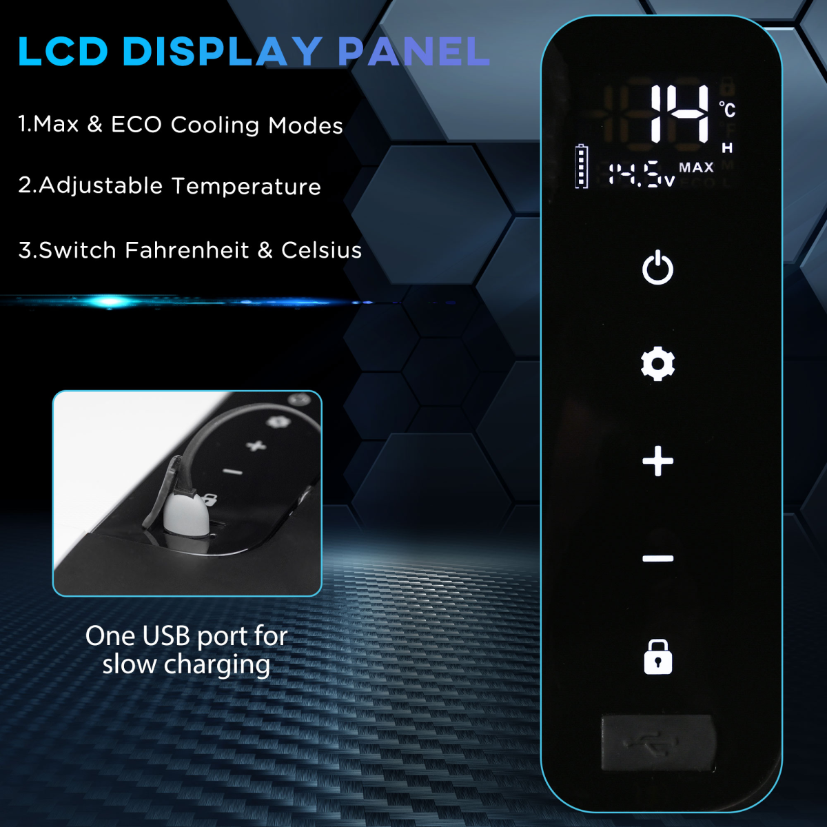 Smart van cooler LCD control panel with temp display, USB charging, and Max/ECO modes for camper van essentials