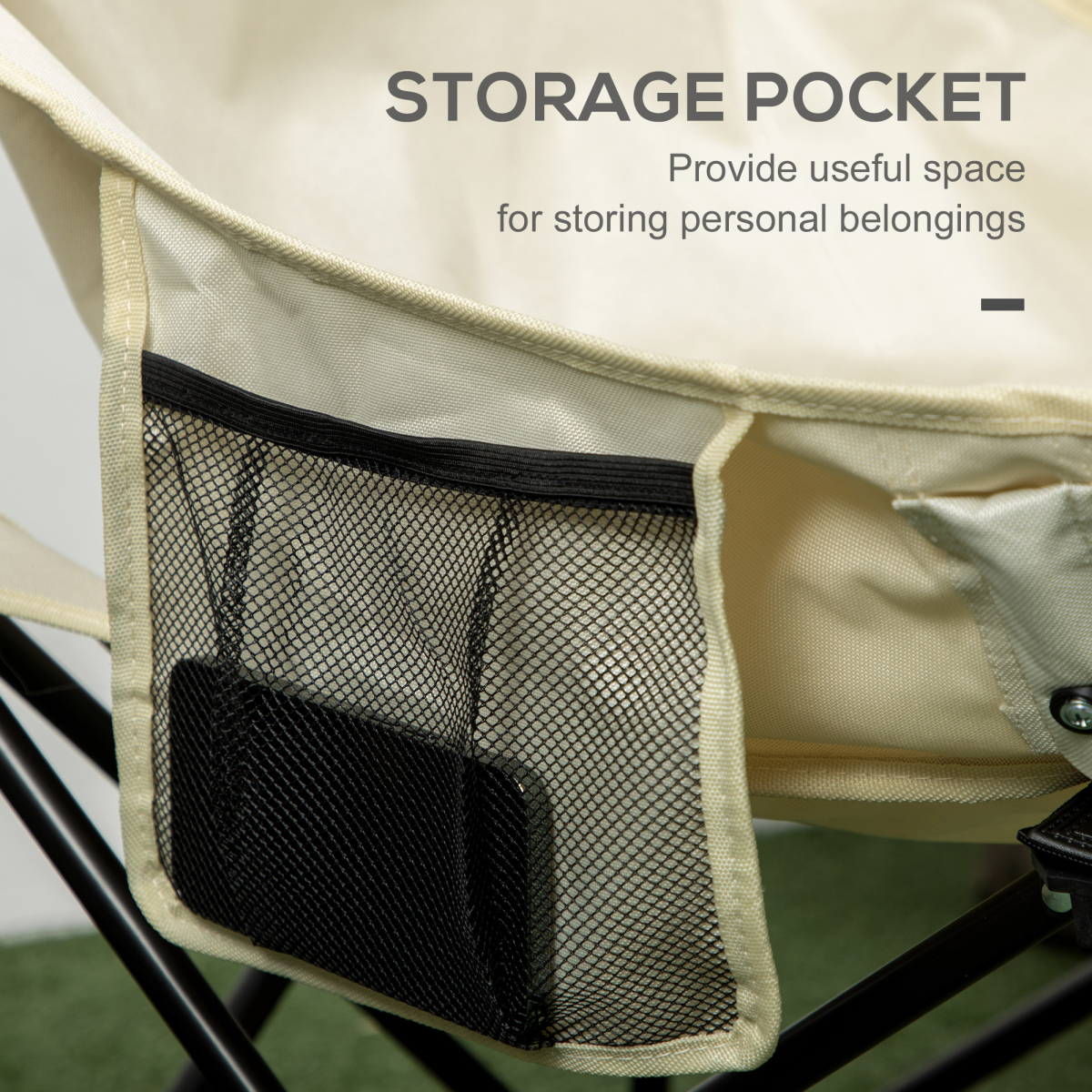 Portable camping chair with mesh storage pocket for van life essentials and outdoor gear