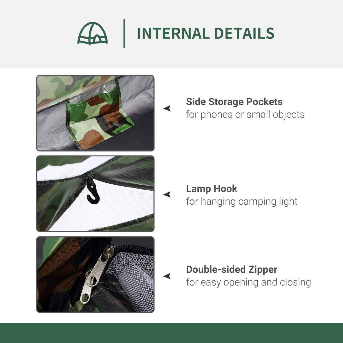 Camouflage tent interior with side pockets, lamp hook, and double-sided zipper for van life camping gear