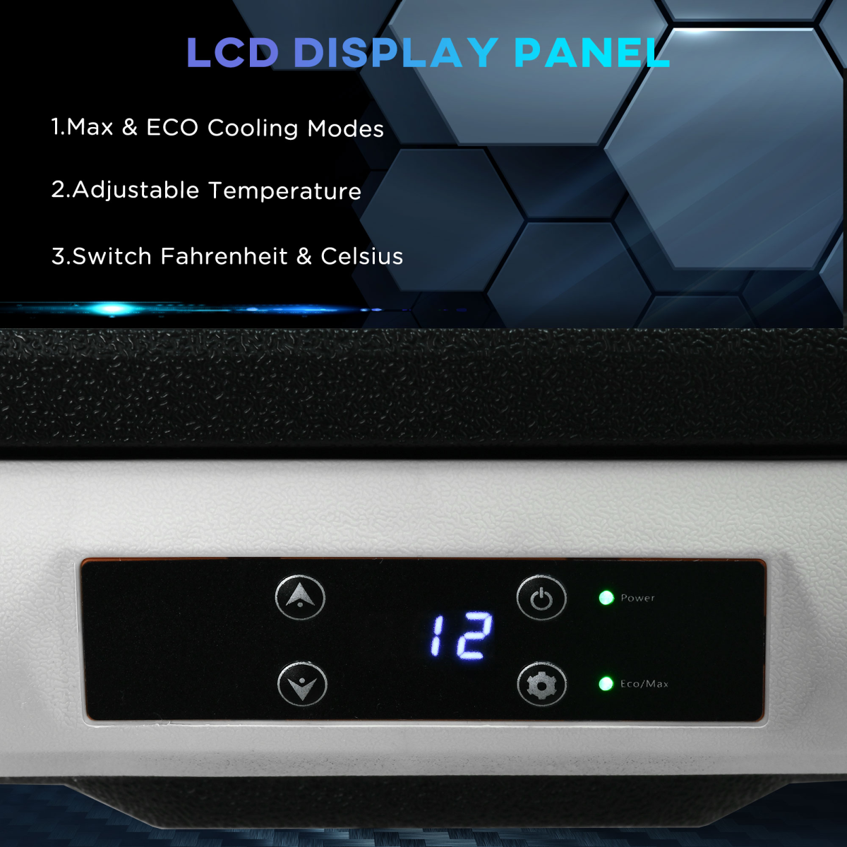 LCD display panel for van fridge with Max & ECO cooling modes, adjustable temp, Fahrenheit/Celsius switch