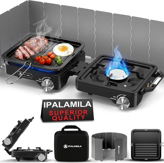 2-Burner Pro Camping Stove,7000W Camping Stove Gas Portable,Foldable Gas Stove,Windscreen Griddle, Portable Stove,Camping Essentials,Suitable for Outdoor Cooking,Wintermoot,Grilling