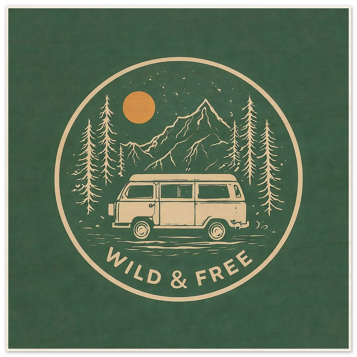 Van life poster with camper van, mountains, trees, and 'Wild & Free' text for adventure seekers