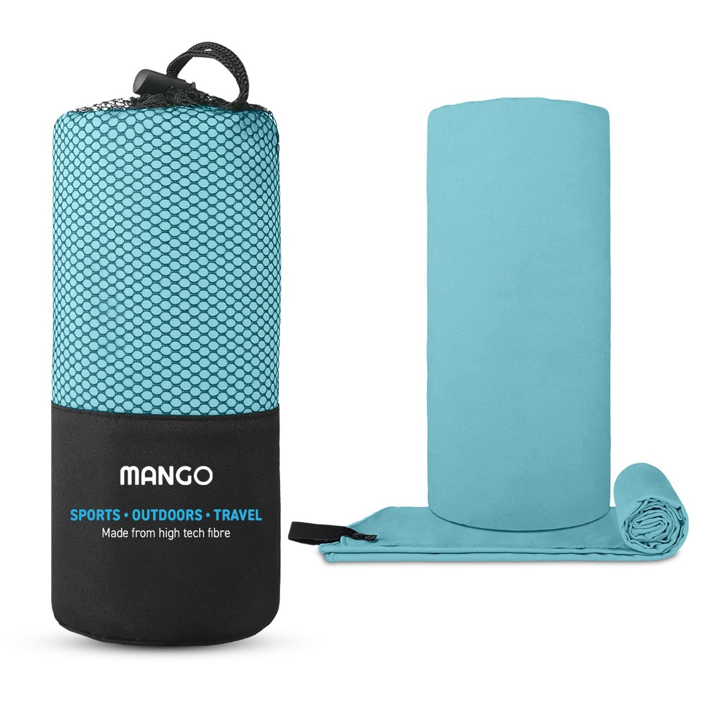 Compact teal travel towel in mesh carry bag, ideal for van life, camping, and outdoor adventures.