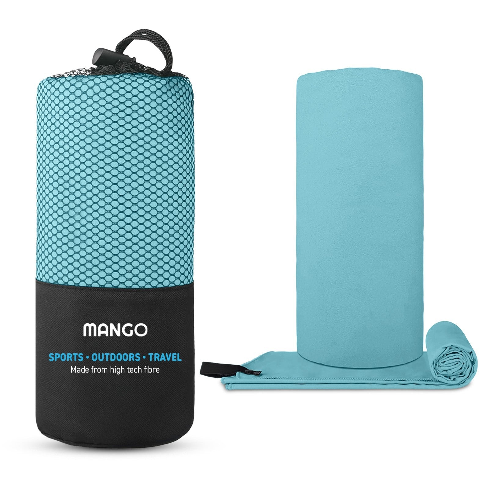 Compact teal travel towel in mesh carry bag, ideal for van life, camping, and outdoor adventures.
