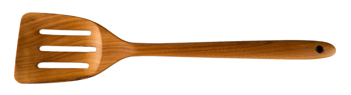 Wooden slotted spatula for van life cooking, camper kitchen essential with hanging hole